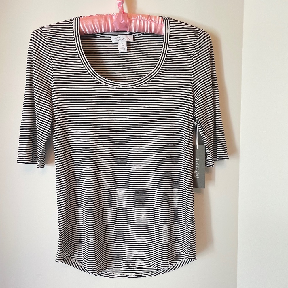 Nordstrom Signature Scoop Neck Navy Blue Stripe Tee NWT XS